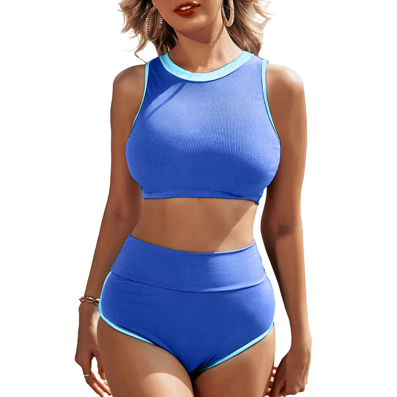 Women High Waisted Ribbed Tummy Control Bathing Suit