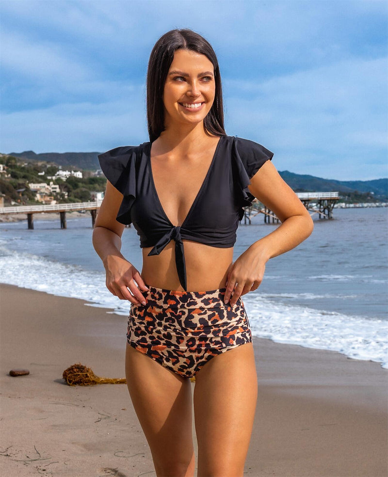Women Cute Ruffle Deep V Neck Bikini Sets