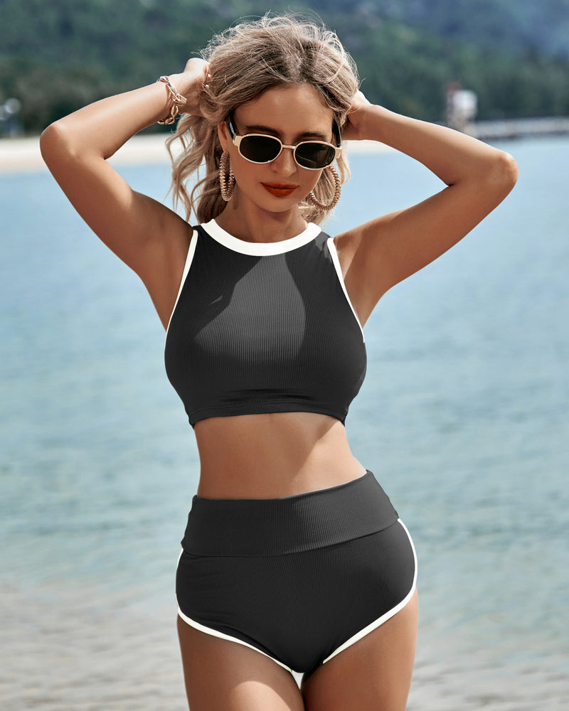 Women High Waisted Ribbed Tummy Control Bathing Suit