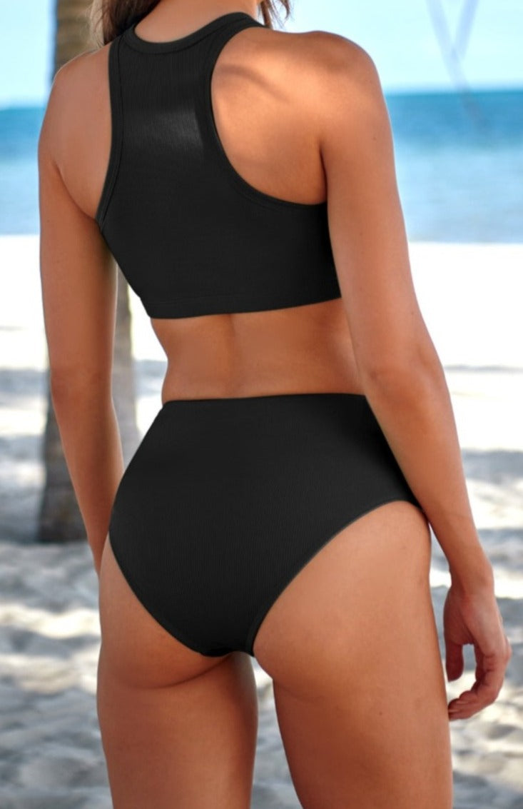 Women Solid High Neck Ribbed Bikini Sets
