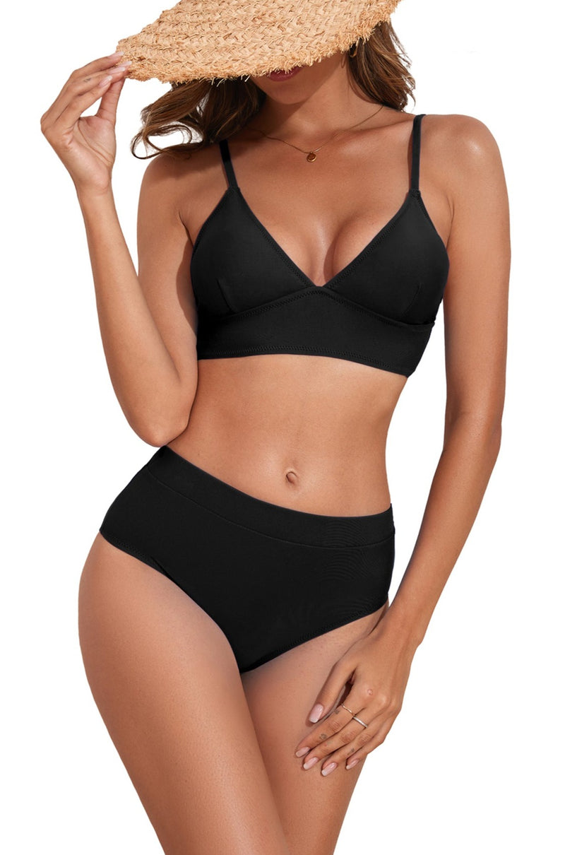 Women Cute Solid Triangle High Waisted Swim Suit