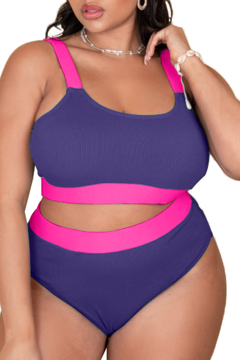 Women Color Block High Waisted Plus Size Bikini Set