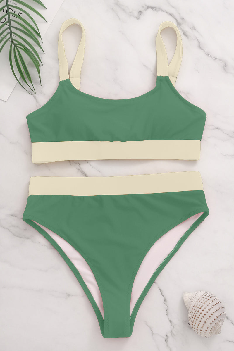Sports Color Block Swimsuits High Waisted BikiniScoop Neck Cheeky Bathing Suit