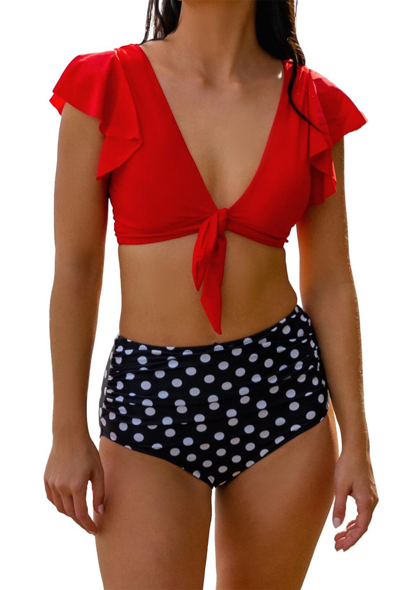 Women Cute Ruffle Deep V Neck Bikini Sets